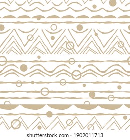 Beige horizontal Seamless repeat pattern with random rough, twisted part of triangles or broken lines, part and whole circles shapes