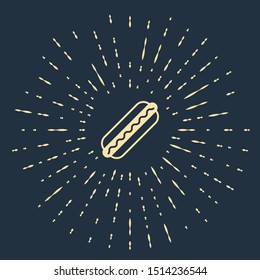 Beige Hotdog sandwich with mustard icon isolated on dark blue background. Sausage icon. Fast food sign. Abstract circle random dots. Vector Illustration