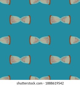 Beige hourglass hand drawn ornament seamless doodle pattern. Blue background. Designed for fabric design, textile print, wrapping, cover. Vector illustration.