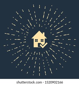 Beige House with check mark icon isolated on dark blue background. Real estate agency or cottage town elite class. Abstract circle random dots. Vector Illustration