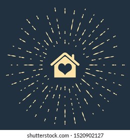 Beige House with heart shape icon isolated on dark blue background. Love home symbol. Family, real estate and realty. Abstract circle random dots. Vector Illustration
