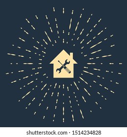 Beige House or home with screwdriver and wrench icon isolated on dark blue background. Adjusting, service, setting, maintenance, repair, fixing. Abstract circle random dots. Vector Illustration