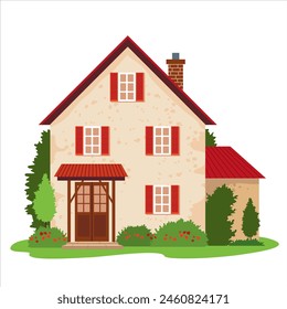 A beige house with a red tiled roof among trees, shrubs and a flower garden. A summer scene with a cottage in the middle of a blooming garden. Vector illustration.