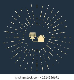 Beige House with solar panel icon isolated on dark blue background. Ecology, solar renewable energy. Eco-friendly house. Environmental Protection. Abstract circle random dots. Vector Illustration