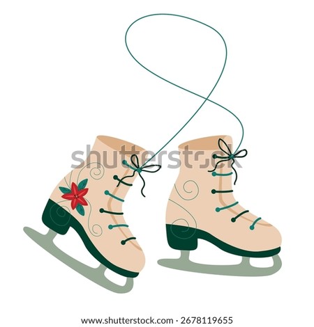 Beige ice skates with green laces and floral ornament, retro winter holiday illustration. Christmas skating decorative boots, festive seasonal vector clipart artwork