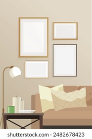 Beige interior with a mock-up pictures on the wall. Empty photo frame in interior with beige sofa and side table. Vector illustration.