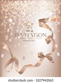 Beige invitation banner with curly silk ribbons and hokeh. Vector illustration