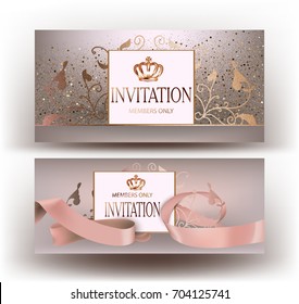 Beige invitation cards with beautiful design elements and ribbon. Vector illustration
