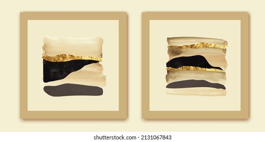 Beige, Ivory, Grey, Black Watercolor  Wall Art. Elegant, Chic Diptych With Golden Strokes. Abstract Forms Composition. Different Forms And Textures.