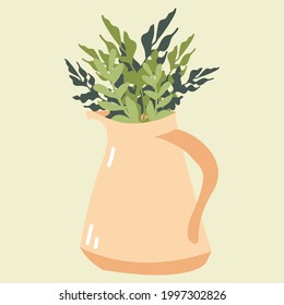 Beige jug with green branches. Home decor for the kitchen. Vector