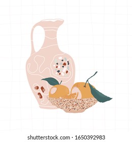 Beige jug with terrazzo mosaic and plate with oranges on a light background in a flat style. Composition for postcards, posters, brochures, labels. Vector stock illustration