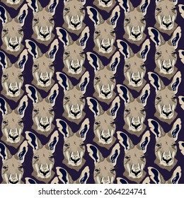 Beige kangaroo head on dark brown, black background seamless vector pattern. Surface design for fabric, wallpaper, wrapping paper, invitation card, scrapbooking. Neutral colors.