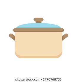 Beige kitchen cooking pot with a light blue lid in flat design style.