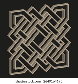 Ícone de nó bege. Trança quadrada. Vetor de tecelagem celta. Emblema de fundo preto.