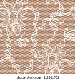 Beige lace vector fabric seamless  pattern with orchids