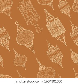 Beige lanterns for Ramadan. Seamless pattern on a beige background. Line art. Stock illustration.