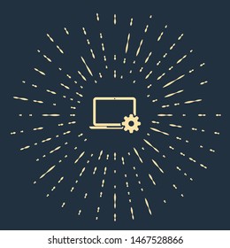 Beige Laptop and gear icon isolated on dark blue background. Laptop service concept. Adjusting, service, setting, maintenance, repair, fixing. Abstract circle random dots. Vector Illustration
