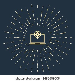Beige Laptop and gear icon isolated on dark blue background. Laptop service concept. Adjusting app, setting options, maintenance, repair, fixing. Abstract circle random dots. Vector Illustration