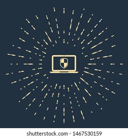 Beige Laptop protected with shield icon isolated on dark blue background. Internet security. PC security, firewall technology, privacy safety. Abstract circle random dots. Vector Illustration