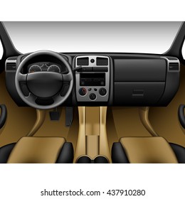 Beige Leather Car Interior - Inside View Of Truck, Dashboard