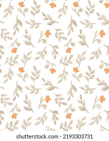 Beige leaves with orange flower Pattern on White Background.Wedding invitation elements, thank you card, save the date cards. Wedding set.