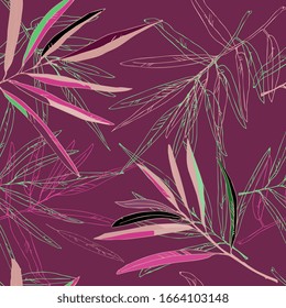 Beige leaves of palm trees on a dark plum background vector illustration. Seamless pattern. EPS10.