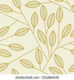 Beige leaves seamless pattern vector. Abstract linear branches floral backdrop illustration. Wallpaper, background, fabric, textile, print, wrapping paper or package design.