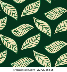 Beige leaves seamless repeat pattern on a dark green background. Minimal and modern leaf surface pattern design for all kinds of fabric, clothing, wallpapers, cards, and posters 
