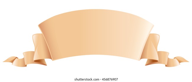 Beige, light brown wide, short volume curved semicircle arc strip, tape of fabric or old paper with curly edges. Decorative retro ribbon with empty space for title writing, isolated vector element 
