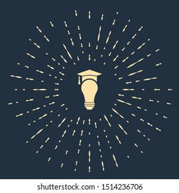 Beige Light bulb and graduation cap icon isolated on dark blue background. University Education concept. Abstract circle random dots. Vector Illustration