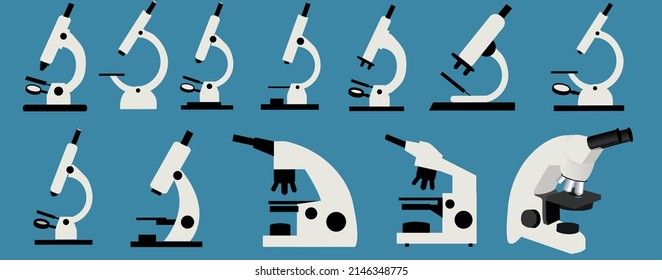 Icono plano del microscopio de luz beige sobre fondo azul. Ilustración vectorial del equipo de laboratorio. Conjunto vectorial de iconos de silueta de microscopio.