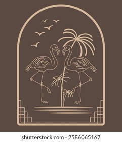 Beige line art  flamingos and palm in arch frame. Minimalist, elegant, and tropical design on brown