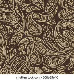 Beige line paisley seamless pattern, brown background, coffee colors