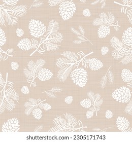 Beige Linen Texture Background printed with White Pine Cone Forest. Natural Christmas Seamless Pattern. Design for background, wallpaper, clothing, wrapping, fabric and more