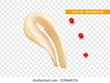 Beige liquid cream form with a spherical shape smeared in the middle and decorated with red berries of cranberries. Isolated on transparent background.