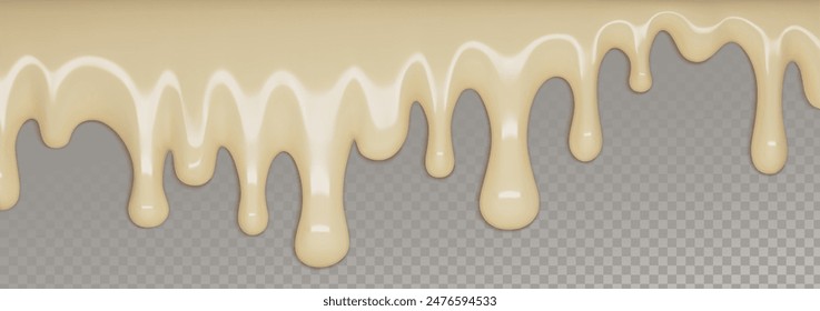 Beige liquid substance isolated on transparent background. Vector realistic illustration of melting vanilla ice cream, condensed milk flowing on dessert, 3d color paint splash, sweet icing drops