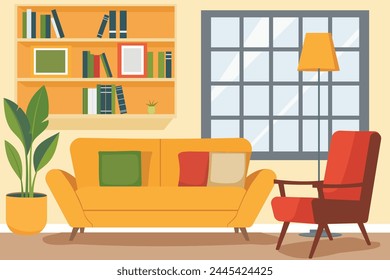 Beige living room with orange sofa, red armchair, lamp, bookcase, potted indoor plant and large window. Cozy living room.