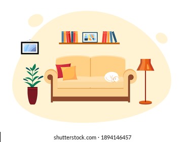 beige living room with a sofa on which the cat sleeps, a lamp and a bookshelf. Concept  of cozy home. Vector illustration  in flat style.  