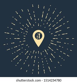 Beige Location with crossed screwdriver and wrench tools icon isolated on dark blue background. Pointer settings symbol. Abstract circle random dots. Vector Illustration