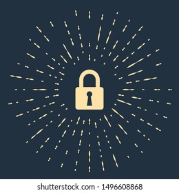 Beige Lock icon isolated on dark blue background. Closed padlock sign. Cyber security concept. Digital data protection. Safety safety. Abstract circle random dots. Vector Illustration