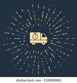 Beige Logistics delivery truck and stopwatch icon isolated on dark blue background. Delivery time icon. Abstract circle random dots. Vector Illustration