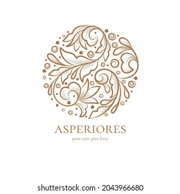 Beige logo with decorative vector leaves. Elegant, classic elements. Can be used for jewelry, beauty and fashion industry. Great for, emblem, background or any desired idea.