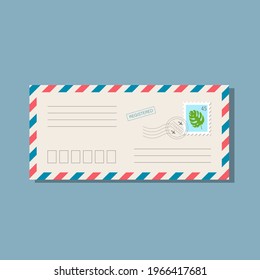 Beige long envelope with frame of blue and red stripes. Postmarks and postage stamp with monstera leaf. With shadow, isolated on blue background. Vector illustration, trendy style, cozy pastel colours