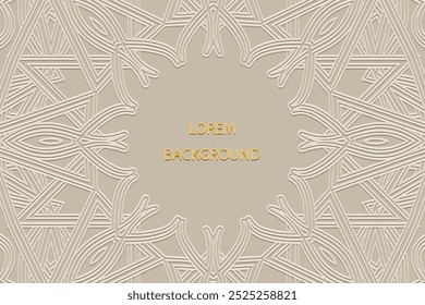 Fundo bege lorem, design de capa tribal, banner. Padrão 3D elegante étnico geométrico. Ornamentos, arabescos, mandala do Oriente, Ásia, Índia, México, Asteca, Peru. Alto-relevo, inserir texto.