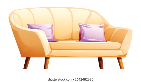 Beige loveseat with two purple pillows and wooden legs, offering a romantic and cozy seating option. Vector cartoon illustration
