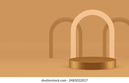 Beige luxury 3d display golden podium pedestal promo stage realistic vector illustration. Neutral pastel elegant cylinder showcase with arch wall background expensive product commercial advertising