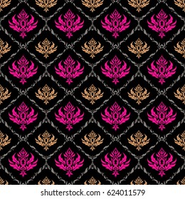 Beige, magenta and gray texture on black background. Graphic modern pattern. Abstract pattern in Arabian style. Seamless vector background.