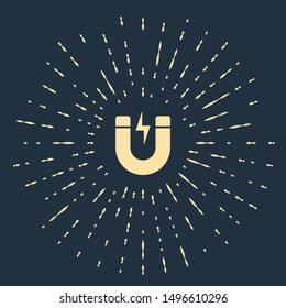 Beige Magnet with lightning icon isolated on dark blue background. Horseshoe magnet, magnetism, magnetize, attraction sign. Abstract circle random dots. Vector Illustration