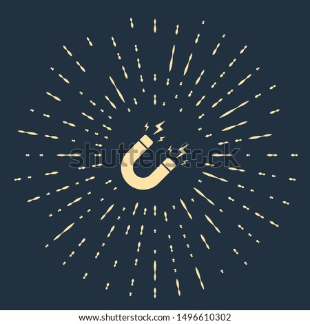 Beige Magnet with lightning icon isolated on dark blue background. Horseshoe magnet, magnetism, magnetize, attraction sign. Abstract circle random dots. Vector Illustration