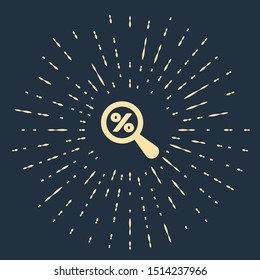 Beige Magnifying glass with percent discount icon isolated on dark blue background. Discount offers searching. Search for discount sale sign. Abstract circle random dots. Vector Illustration
